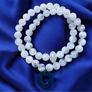 Classic White Marbled Beaded Lightweight Necklace with Blue Glass Pendant 16”
